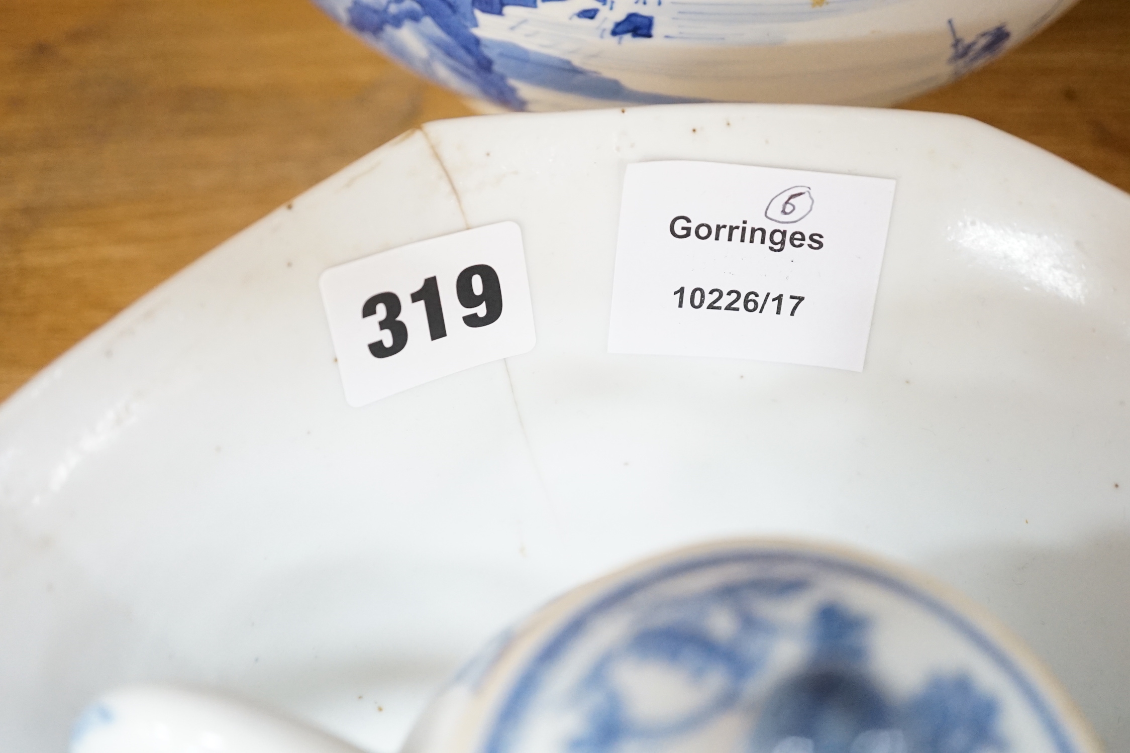 A group of 18th/19th century Chinese blue and white porcelain, including a Kangxi figure painted jar, a large meat dish, a hexagonal dragon bowl, a dish and a teapot with lid (6), meat dish 46cm wide